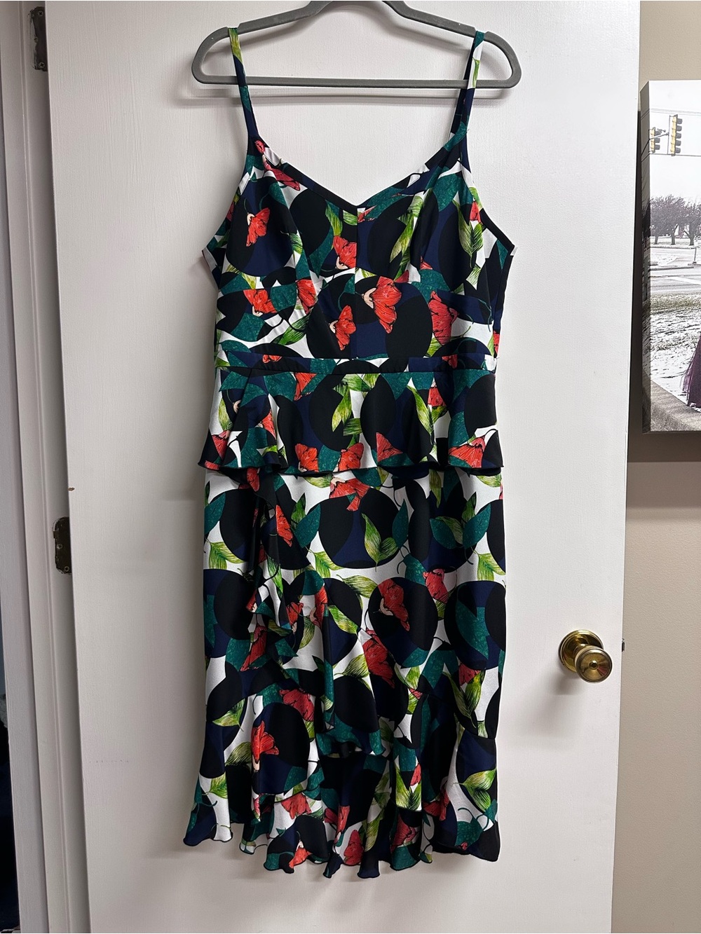 J. Crew Navy Floral Midi Dress with Red and Green Accents